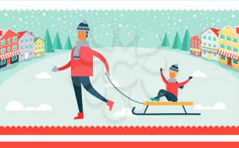 Father and son sitting on sled, winter leisure and activities of families, buildings and trees, snowflakes falling down, peaceful vector illustration