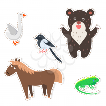 Stickers and icons set of cute wild and domestic animals - funny goose, bear, horse, magpie and iguana isolated flat vectors. Bird, mammals and reptiles illustrations outlined with dotted line