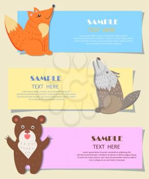 Three forest predatory animals on colorful flyers template. Vector illustration of sitting red fox, howling wolf, ferocious brown bear on children training cards. Preschool education in cartoon style