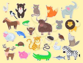 Cut out exotic, domestic and farm animals poster with yellow background. Vector flat colorful banner of live creatures signs for cutting and children s playing. Mammals,insects and wildlife characters