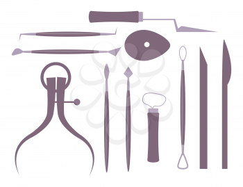 Clay modelling instruments and tools isolated vector illustration on white background. Set of art metal school equipment in gray color