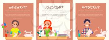 Handicraft set of banners with man and woman making origami, modeling flowers or swan from paper vector illustrations with place for text