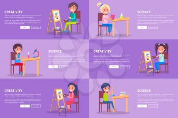 Creativity and science template vector web banners with attentive small isolated students studying really hard and siiting at tables