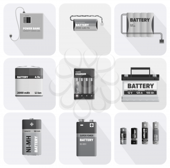 Black and white charging devices in square cells isolated on white background. Electric appliances to recharge energy for longer usage vector illustration. Power containers to restore devices.
