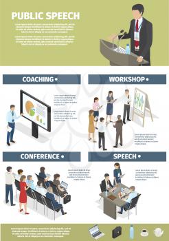 Public speech web banners set in coaching workshop conference concept vector illustrtion. Businessmen with laptops, color charts.