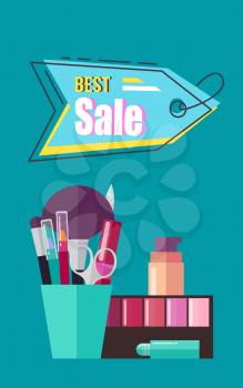 Best sale poster with cosmetics, cup and brushes with scissors, eyeshadows and foundation, headline in form of tag, isolated on vector illustration
