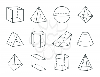 Geometric prism set, varied forms figures drawing, vector illustration, cube and octahedron, blunted cone, tetrahedron, hexagonal prism, pyramids set