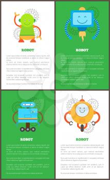 Robot banners collection with text easy to edit and robots of different types, gears and artificial creatures vector illustration isolated on white