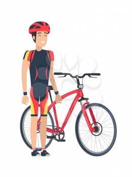 Bicycle and man wearing costume and helmet with smile on his face, cyclist full of emotions, bike of red color, vector illustration isolated on white