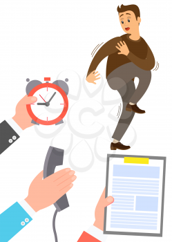 Deadline business concept time management fear of being late. Businessman is afraid of time, fears responsibility. Scared man standing near clock jumping in hurry running away in awe isolated on white