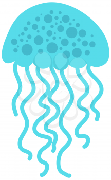 Blue jellyfish swimming on white background. Ocean clam, mollusk cartoon nautical character lives in water. Vector illustration of sea dweller. Wild nature of world ocean. Underwater animal life