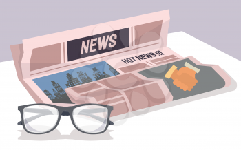 Paper publication with fresh news. Publishing article, newspaper about business, city life near glasses. Newspaper with hot news headline. Paper country affairs morning report vector illustration