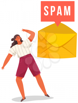 Fear of spam email warning window. Concept of virus, piracy, hacking and security. Woman receiving email with spam is terrified. Protection anti-malware software. Mailing of advertising correspondence