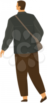 Young man in casual clothing standing looking back. Male character looks at something behind him. Back view of guy, vector illustration isolated on white background. Person wearing pants and jacket