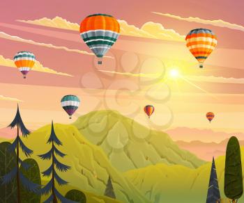 Clouds and striped hot air balloons against lilac cloudy sky fly over mountains. Hot air balloon festival. Beautiful sight several colored bright balls in the sunset sky. Romantic flight, travel