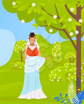 Roman woman in traditional clothes, citizen of ancient rome. Young antique female as roman empress wearing in long white dress with gold laurel wreath on her head stands in beautiful green garden