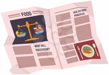 Vintage newspaper of healthy food. News articles newsprint magazine old design. Printing text in preess. Brochure newspaper pages with headline of food menu. Paper retro journal vector grunge template