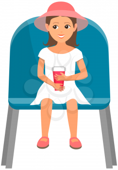 Cute girl sitting on chair and watching show. Little female character in viewer seat looking at performance. Toddler with drink in plastic cup in audience, spectator sitting on viewer place