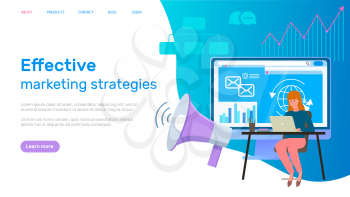 Effective marketing strategies of woman working online. Female employee is doing tasks for analyzing graph and email developing. Website for promoting, advertising goods landing page template