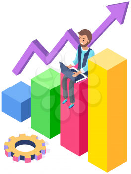 Man surfing internet, designs and creates application for smartphone. Development of new functions for phones. Businessman with computer, gear and success graph analyzes growth of statistics