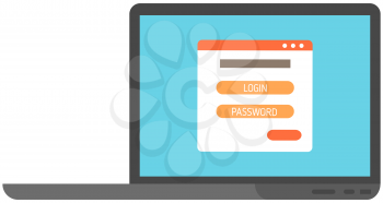 Login page on screen. Notebook and online login form, sign in page. User profile, access to account concepts. Login and password fields on laptop unlock screen or account. Data protection system