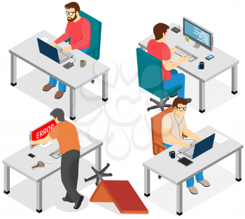 Software developing company team work together coding. Programmers writing code. Software developer office workplace desks. Team lead engineer teaching junior programmer indicates to him an error