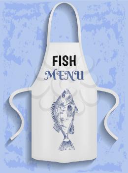 Protective garment for cooking sea food in restaurant. Apparel for cooking seafood. Apron with inscription fish menu. Apron for protection of clothes in kitchen. Advertising of new fish restaurant