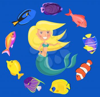 Mermaid with group of colored fish and swims in blue water. Cartoon nautical characters fingerling set. Sea dweller. Wild nature of mediterranean sea. Underwater life of creature, small fish and nixie