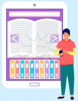 Online library education concept flat design. Application for reading different books on smartphone with bookshelf. E-book page on mobile phone screen. Concept of electronic library and e-learning