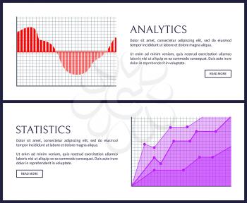 Analytics and statistics web informative posters. Graphics with bars and curves in progress. Graphic on checkered field isolated vector illustrations.