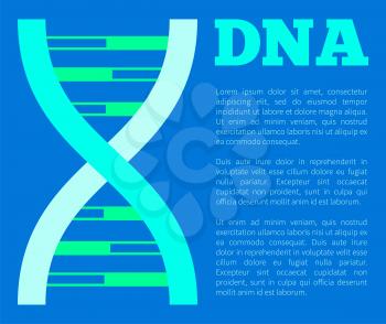 DNA poster with headline, structure of genetic codes detailed, dna with lettering of green color, vector illustration isolated on blue background