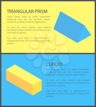 Triangular prism and cuboid geometric collection, vector illustration with yellow and blue geometric figures, black text sample and frame two banners