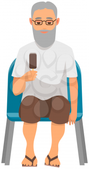 Elderly person with ice cream sitting on chair and watching show isolated on white background. Male character in viewer seat looking at something. Man spectator sitting on viewer place and eating