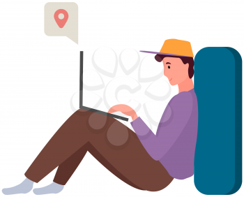 Location mark, map in laptop computer, route planning. Concept of internet touristic, travel or navigation service, online locator. Man analyzes distance, paving way to destination using online maps