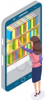 Woman chooses book in digital online library or bookstore in smartphone app. Distance education with modern technology in phone. Guy looks at screen with virtual bookshelves and stacks of books
