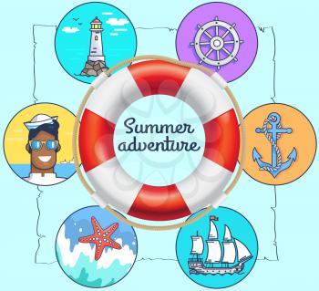 Marine inventory, inflatable lifebuoy surrounded by nautical symbols. Sea attributes, items for nautical design, marine icons. Summer adventure concept. Vacation at sea, sailing on ocean, recreation