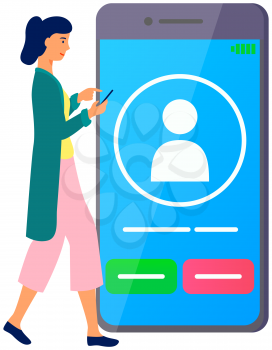 Female character uses smartphone to call chatting in messenger. Application for virtual communication in smartphone. Girl selects contact in mobile app. Messenger interface with call icons on screen