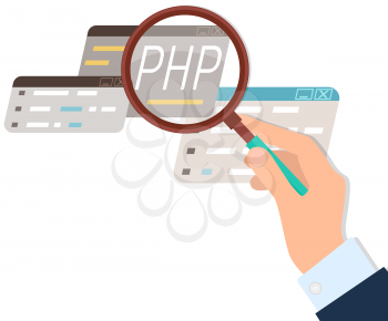 Learn to code PHP web programming language with script code on webpage on screen web development. Writing API and interface code. Programmer working in virtual program, computer laptop script