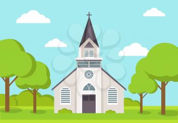 Old Catholic Church isolated. Cartoon vector classic cathedral illustration. Religious building in style of ancient architecture, traditional prayer house with cross on roof