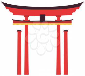 Japan gate isolated on white, torii gate, japanese gate. Chinese and Japanese architecture temple, cathedral object isolated on white. Entrance has asian style roof, decorated with hanging lanterns