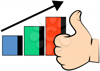 Graph presentation with diagram and human hand showing symbol Like thumb up. Business statistics and analytics with growing lines. Financial indicators and mathematical dynamics with ok sign