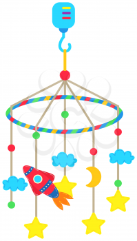 Toy for hanging over crib. Carousel with toys and music for baby falling asleep. Cradle toy with space objects, rocket, star, cloud and moon. Celestial objects, toys for children in space style