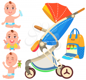 Playing and eating baby set near stroller. Device, vehicle for transporting children. Carriage for riding kids, walking with child. Pushchair with push handle and wheels. Backpack with baby bottles