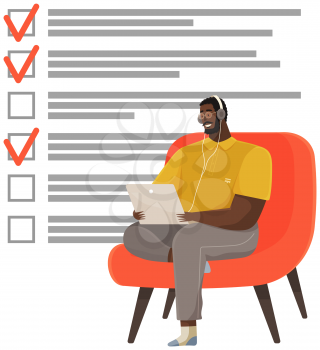Man sitting with laptop near big paper clipboard with check marks, to do list. Successful time management, schedule planning. Male character with checklist, task planner program on computer