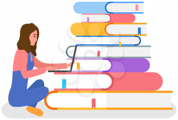 Distance learning education, online library concept. Young woman studies sitting on background of stack of books, using gadget to read textbooks. Reading e-books with laptop, studying online