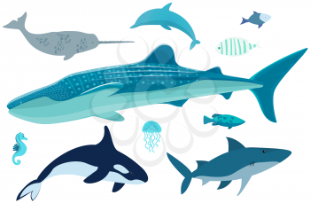 Marine life set. Wild nature of world ocean, fish, animals and molluscs. Underwater animal life. Ocean banner with jellyfish, fish, shark, turtle, seahorse and swordfish. Isolated nautical characters