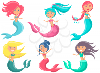 Beautiful mermaid on white background. Girl with fish tail. Water nymph, cute nixie. Cartoon nautical character lives in ocean. Sea dweller, seamaid fairy woman. Underwater animal life