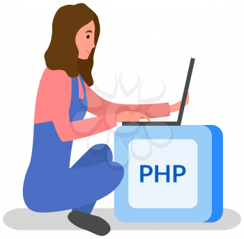 Programmer, php button and laptop. Programming or coding, digital technology. Lady is working with electronic device to create websites. Php developer sitting on block with text PHP