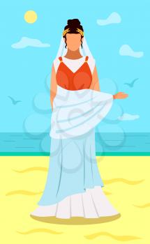 Roman woman in traditional clothes, citizen of ancient rome vector Illustration. Young antique female as roman empress wearing in long dress with gold laurel wreath on her head