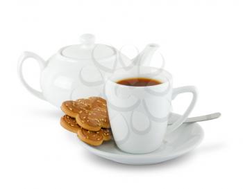 cuppa and biscuits isolated on white